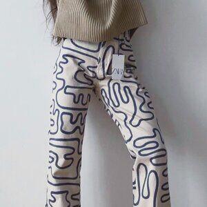 Zara Cream Pants with Navy Abstract Print